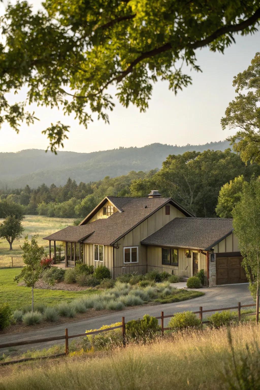 Earthy colors create a serene and cohesive look for this ranch house.