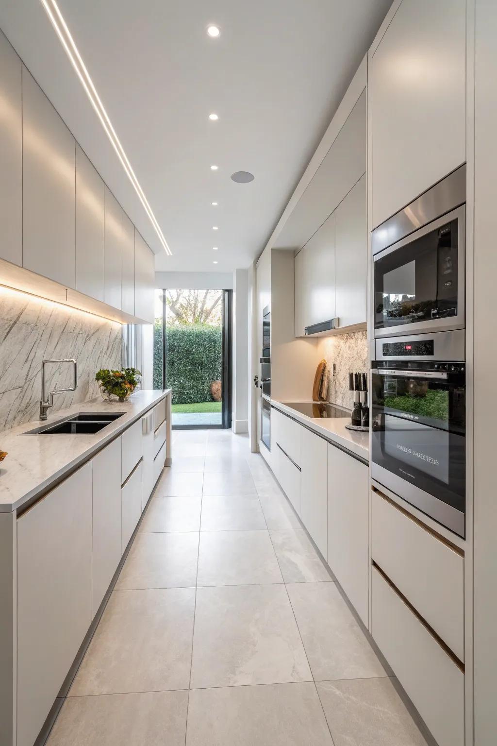 Integrated appliances in a one-wall kitchen to achieve a seamless aesthetic.