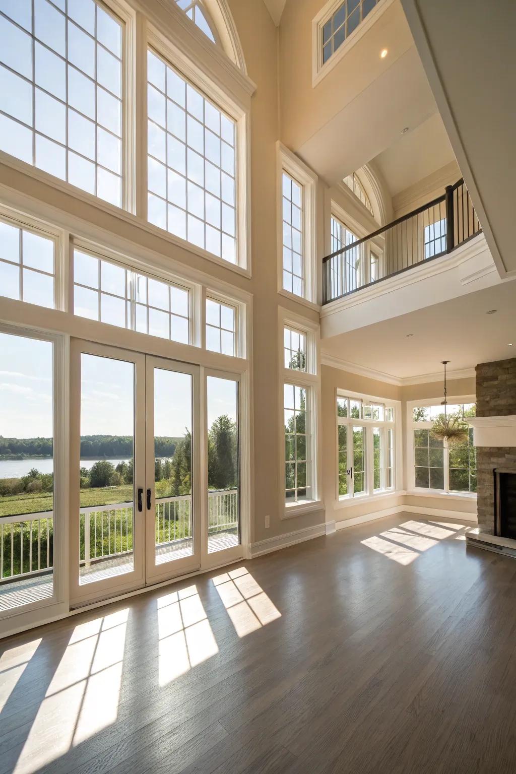 Expansive windows within an open concept, maximizing natural light and creating a cozy atmosphere.