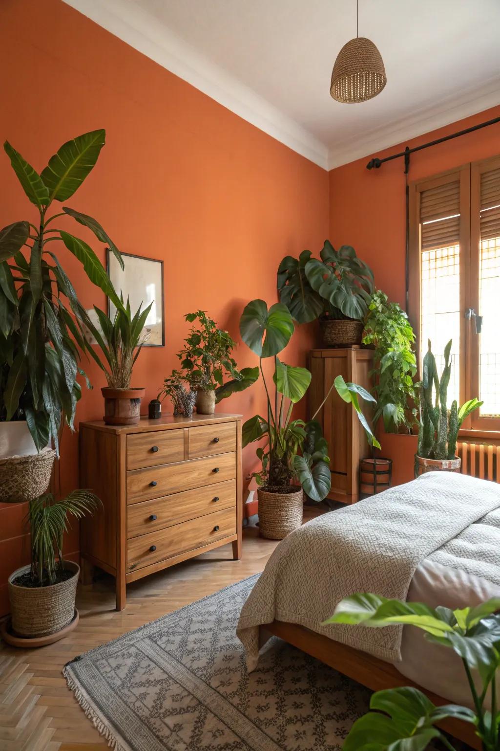 Natural elements tone down and match the vibrant orange walls.
