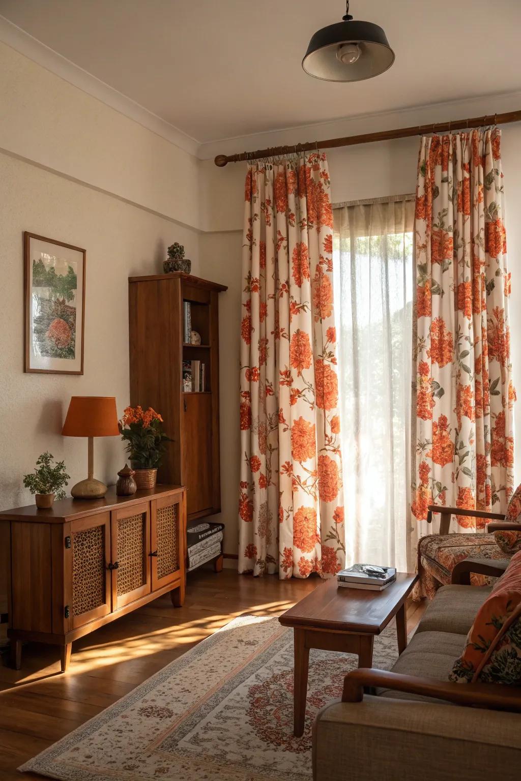 Orange floral window coverings adding a lively and natural charm.