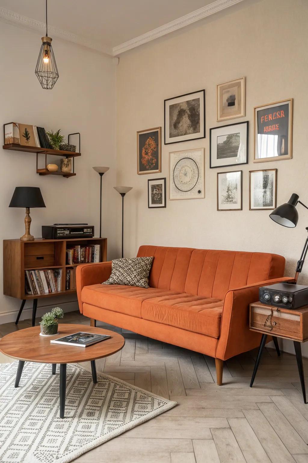 A retro modern living space showcasing a striking orange couch as a centerpiece.