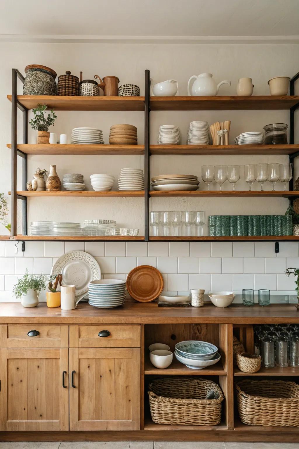 Open shelves provide a practical solution for storage while offering a space to exhibit personal style.
