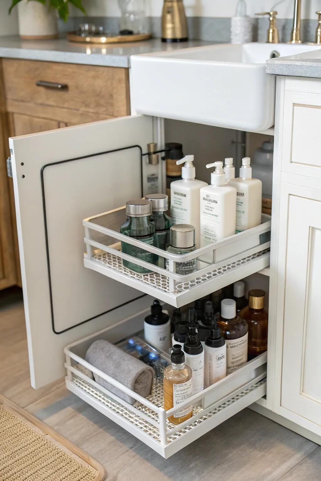 Staggered shelves enhance vertical space in the under-sink area.
