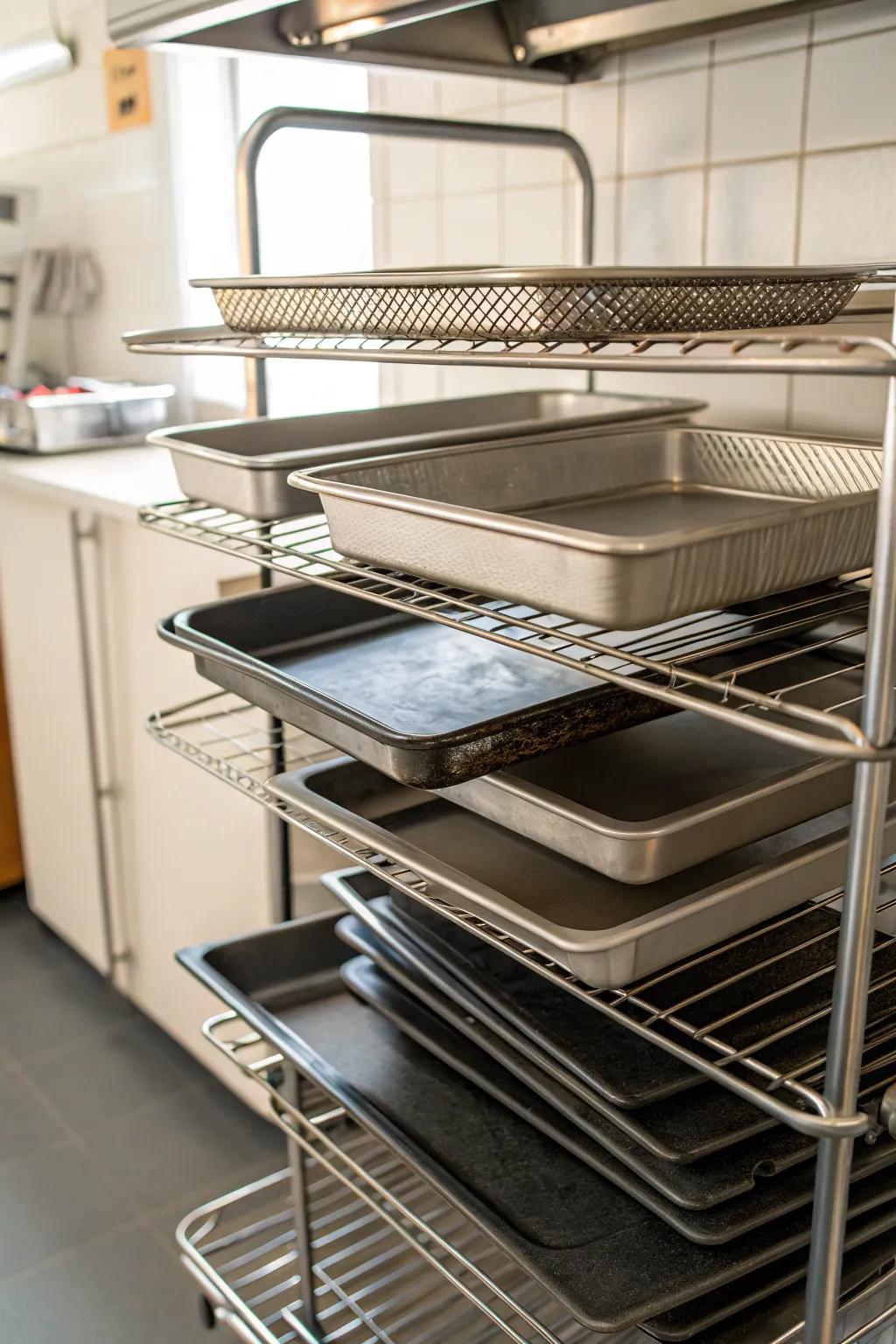 Vertical storage with wire racks optimizes area successfully.