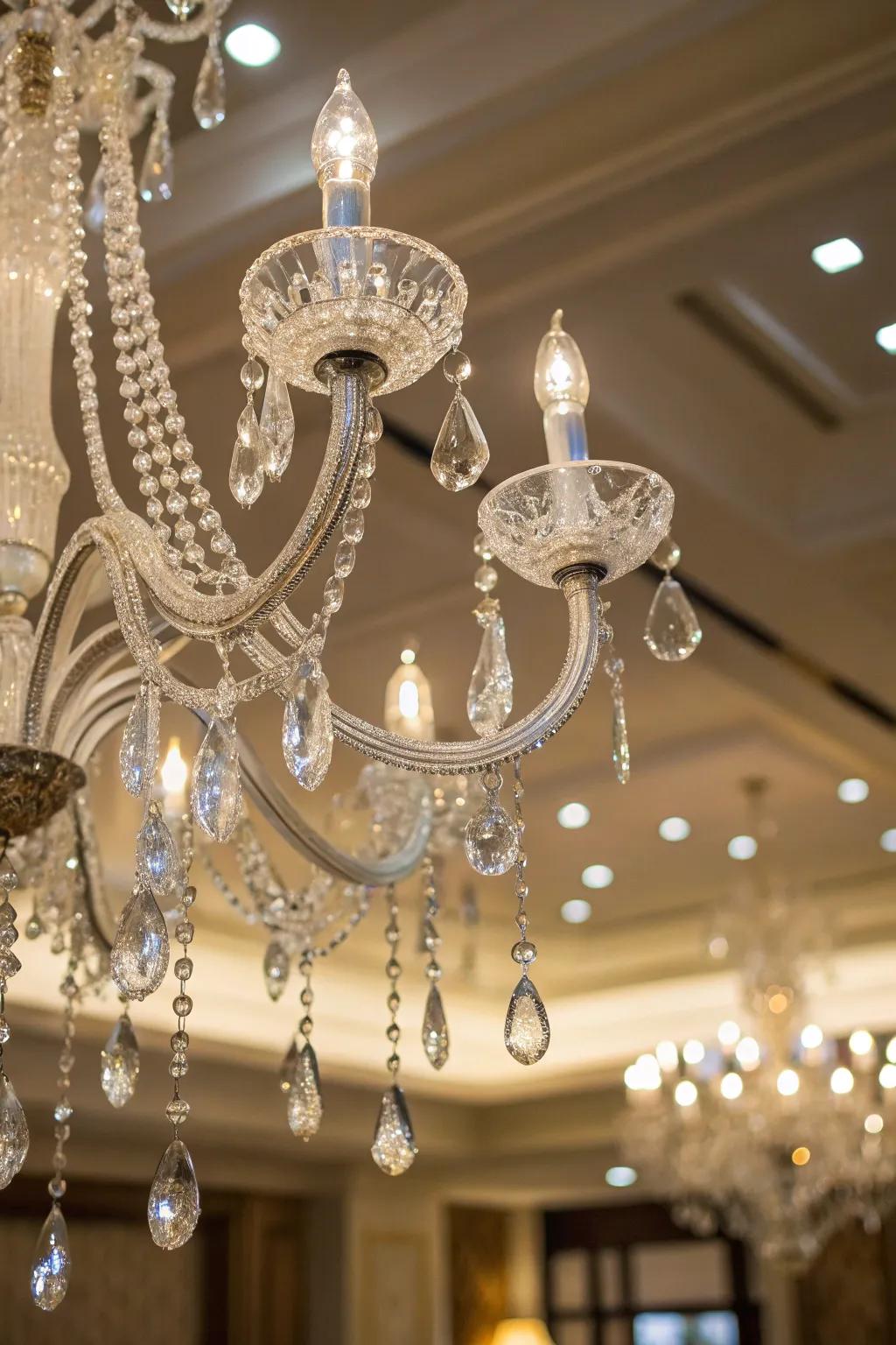 A chandelier embellished with shimmering ornaments.