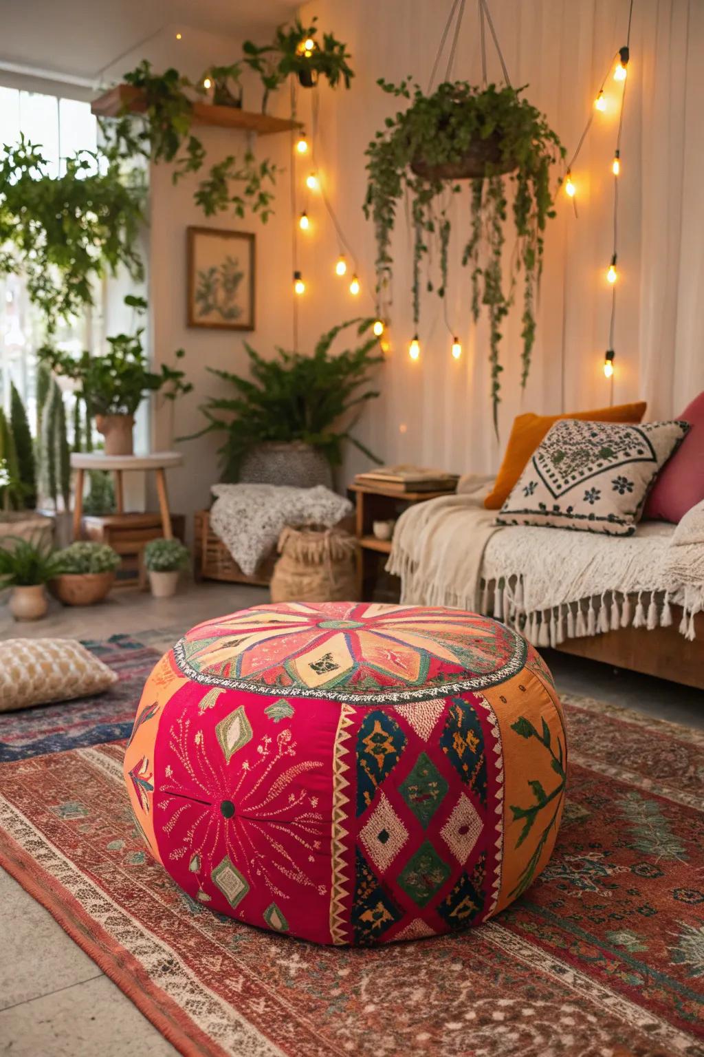 A bohemian pouf ottoman brings vibrant energy to an varied lounge.