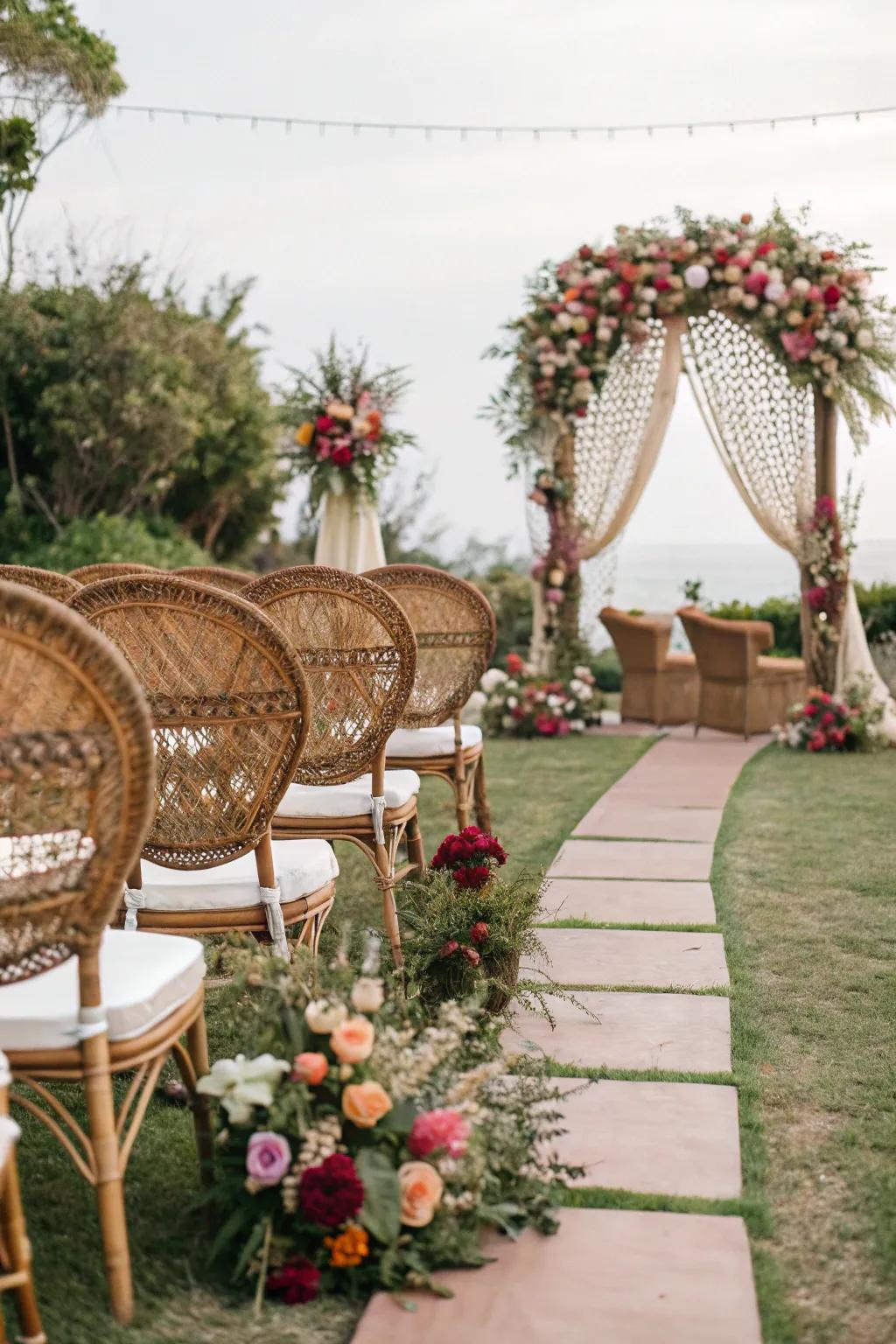 Elegant wickerwork seats, adorned with flowers, at a boho wedding event.