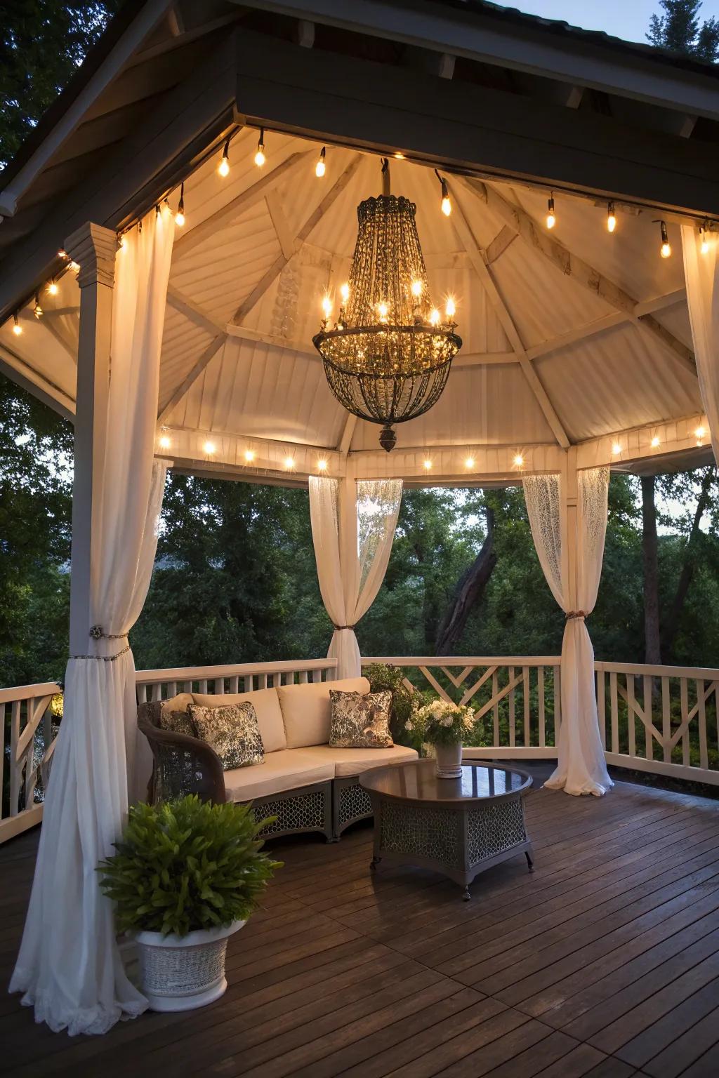 Brighten your gazebo with a stunning chandelier.