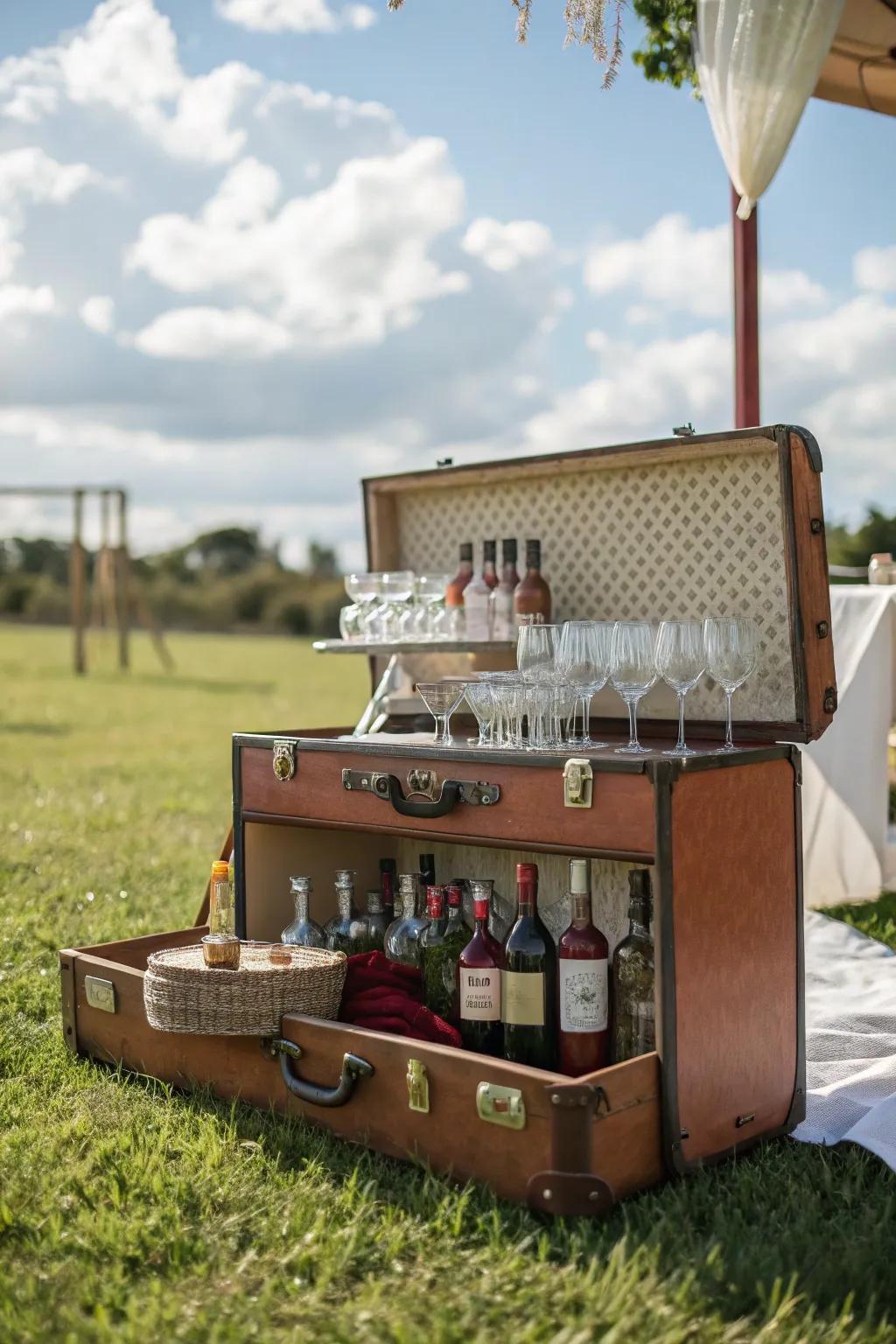A vintage travel case refreshment cart introduces a vintage flair to your alfresco social events.