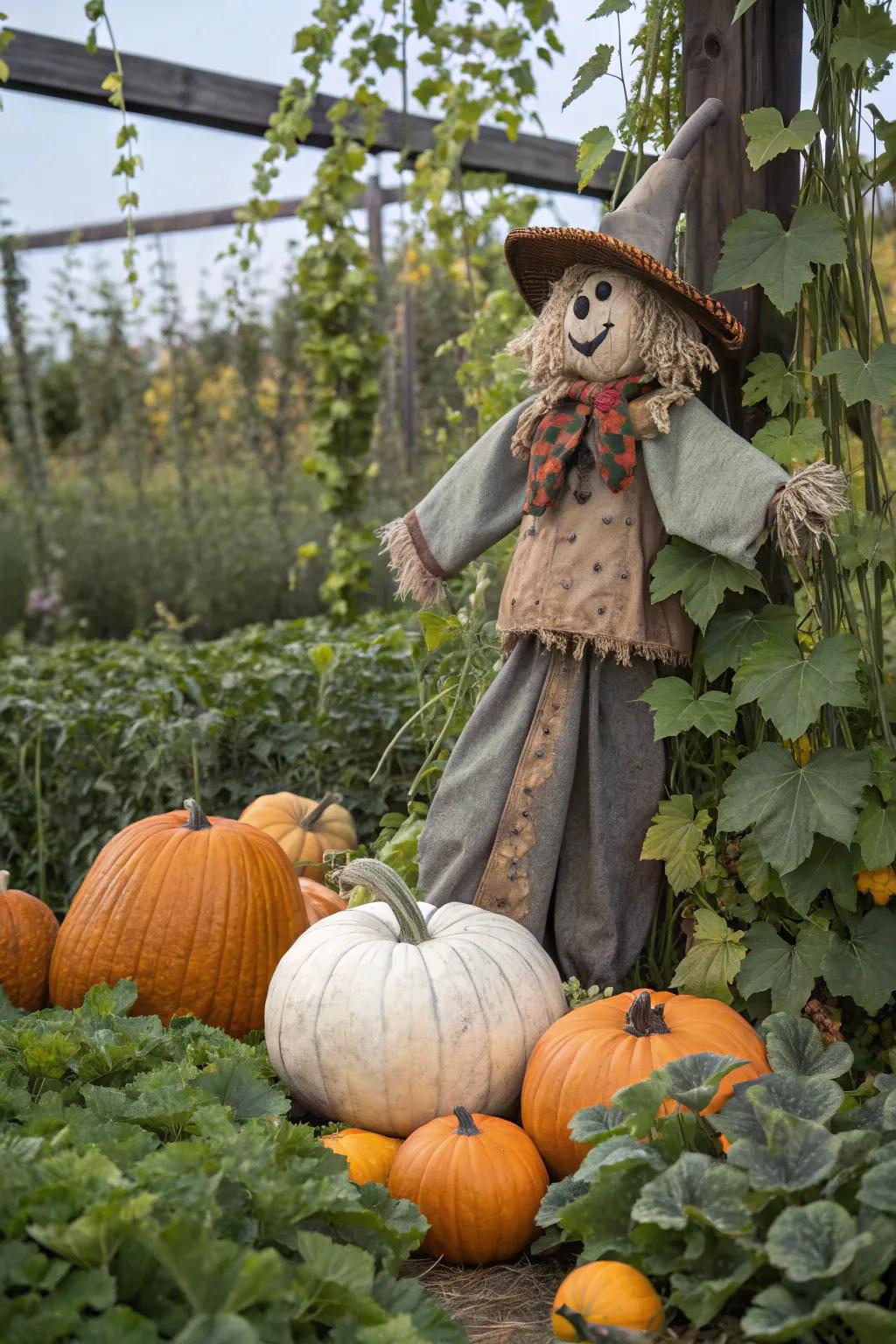 An effigy nestled amongst gourds contributes a playful element.