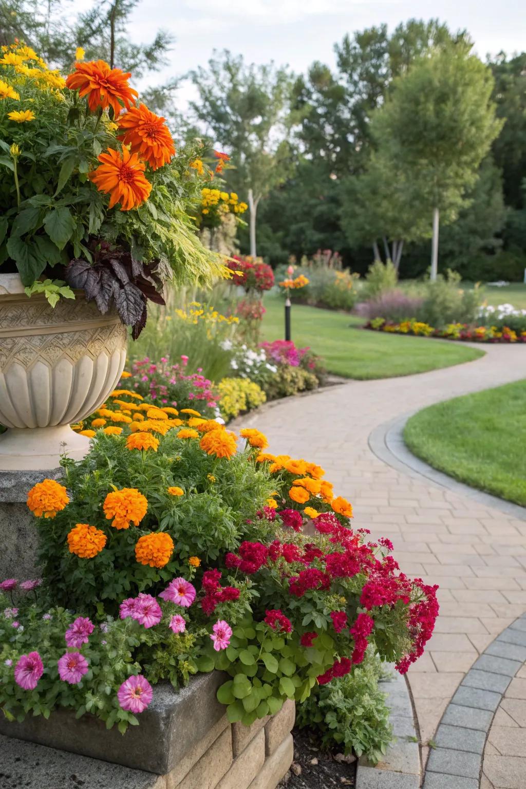 Bright flowers transforming a lifeless garden corner into a lively spot.