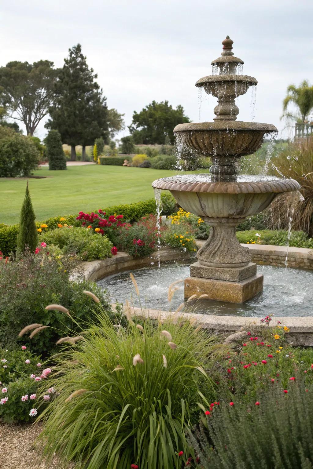 Freestanding fountains serve as striking centerpieces in any garden.