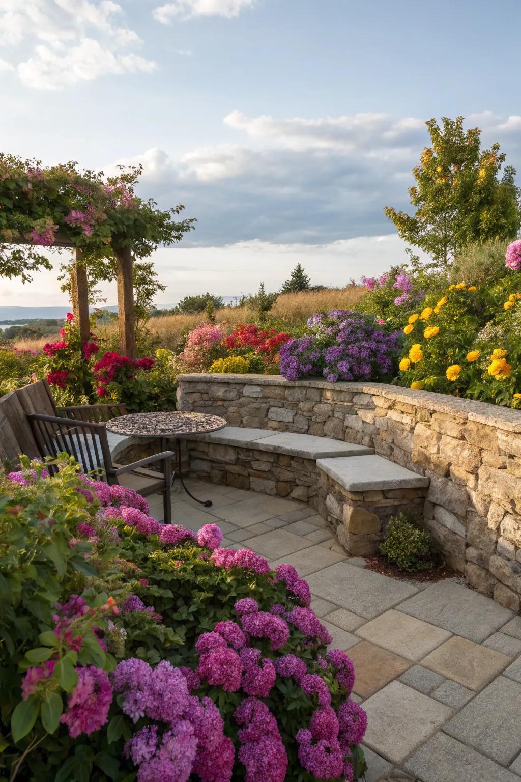 Stone walls featuring integrated seating offer a refined and practical solution.