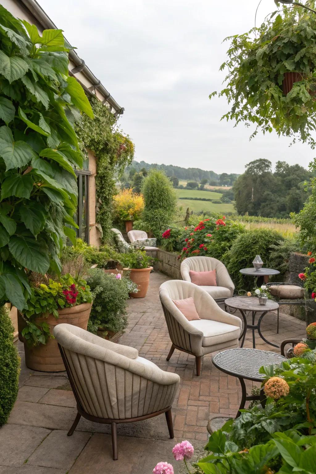 A comfortable lounge area surrounded by abundant verdure, ideal for relaxation.