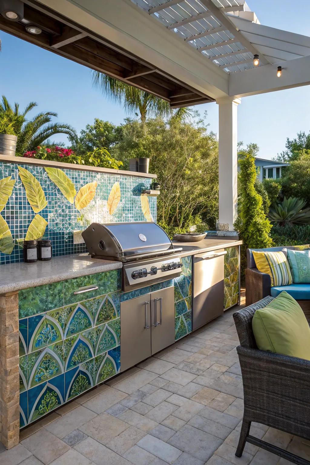 Glass mosaic tiles add bright color and radiance to any outdoor kitchen design.