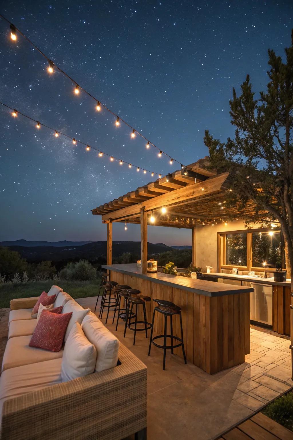 String lights generate a starry ambiance, perfect for dusk hangouts.