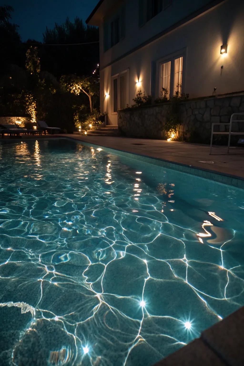 Underwater lights produce an enthralling glow, turning the pool into a focal point.