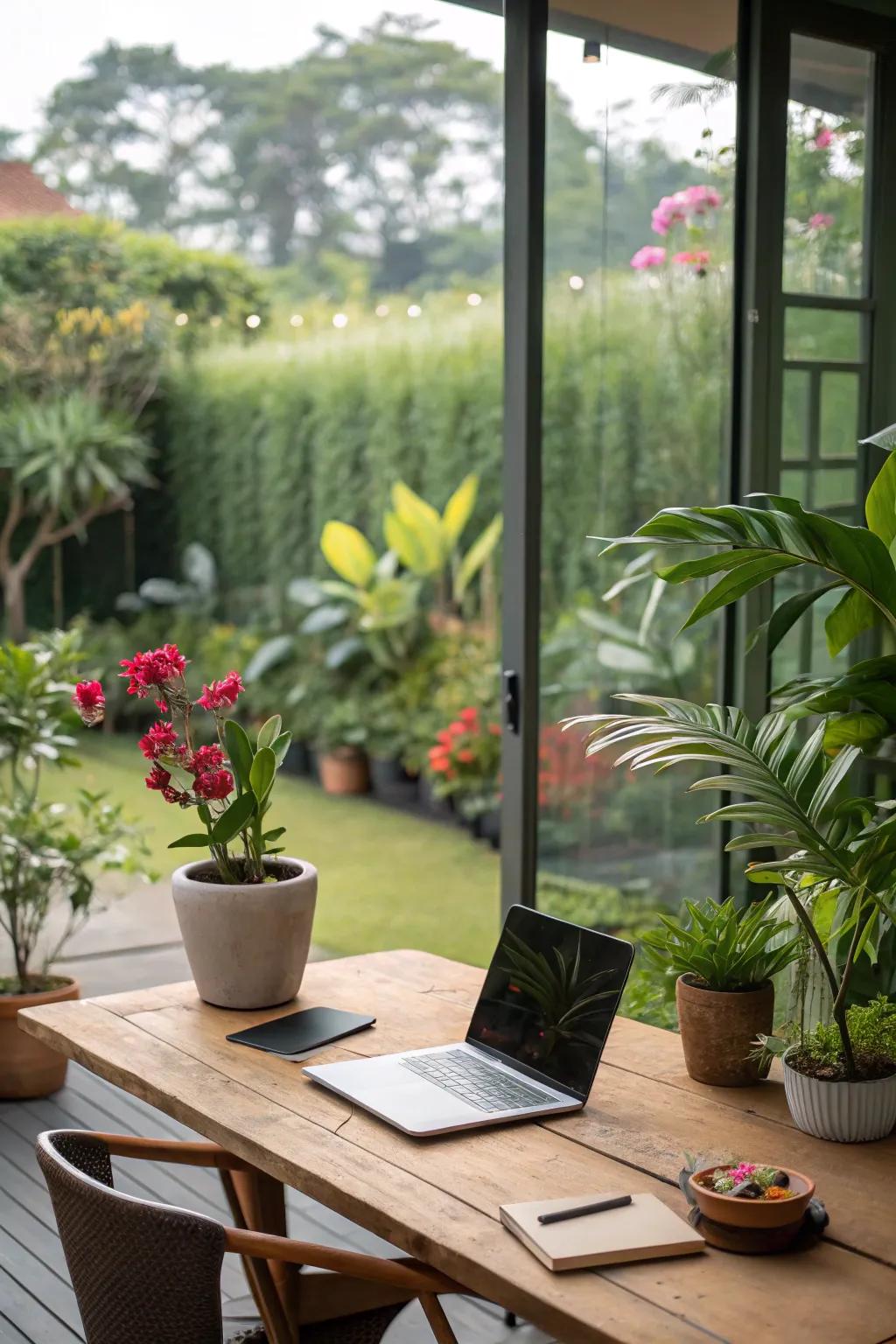 Abundant greenery enhances the calming atmosphere of your outdoor office.