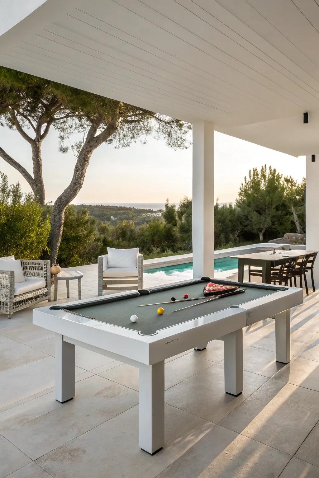 A refined, modern open-air billiard table configuration, adorned with minimalist fixtures.