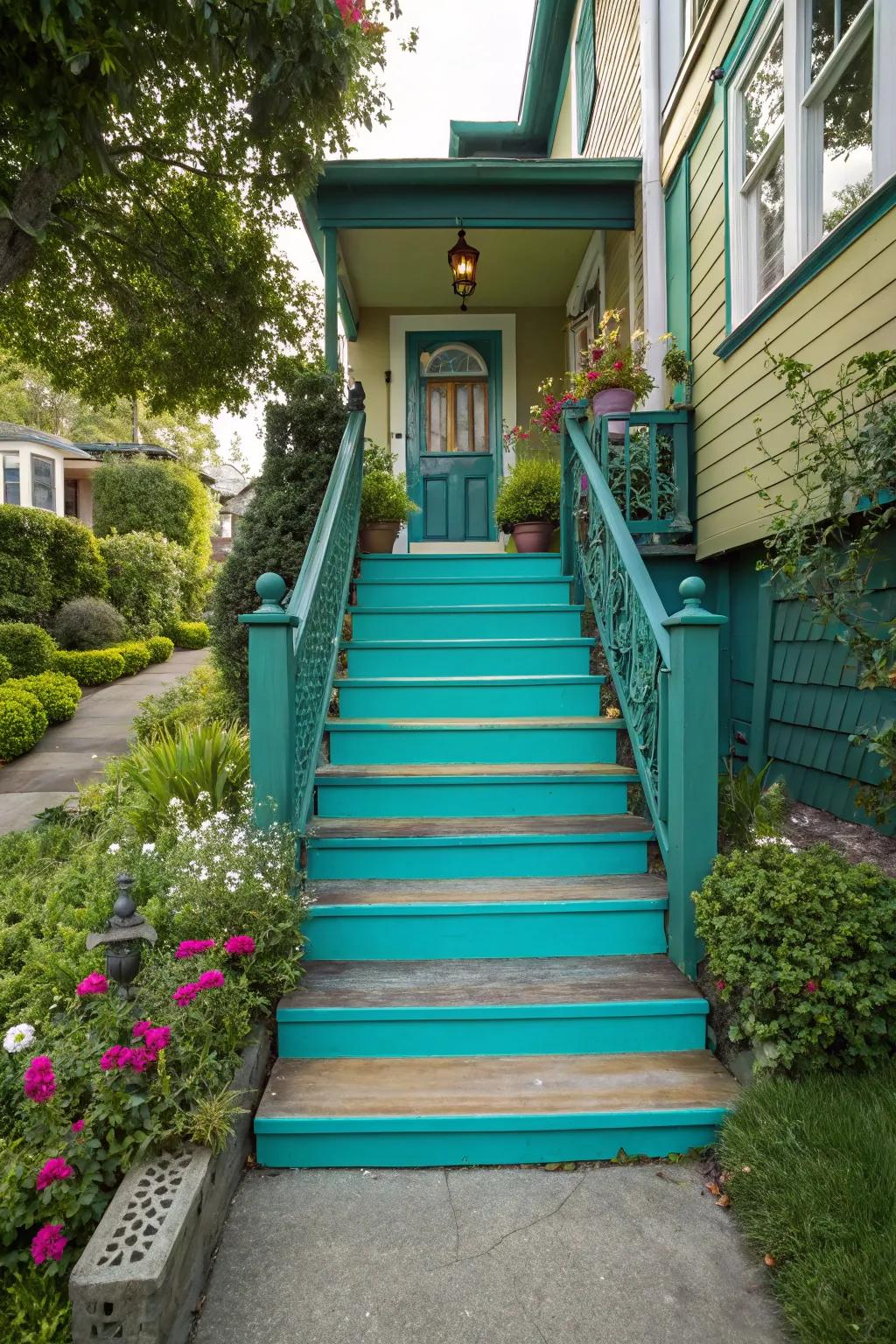 Bright aqua stairs that serve as a captivating entrance feature.