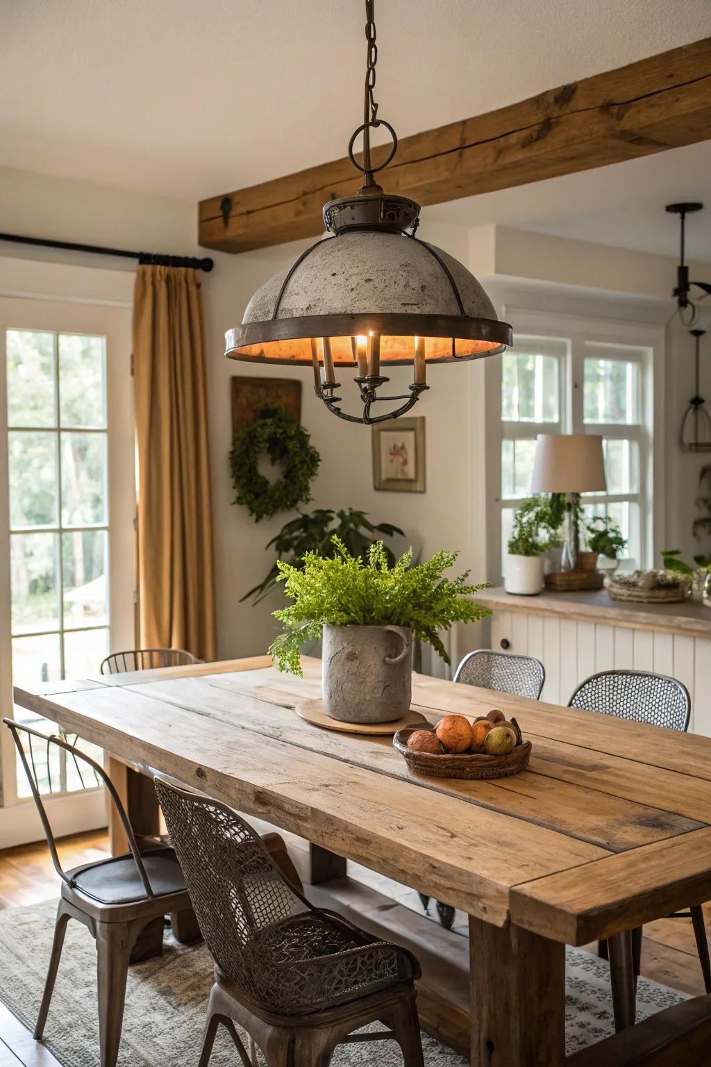 Country-style lighting lends warmth and distinctiveness to the dining area.