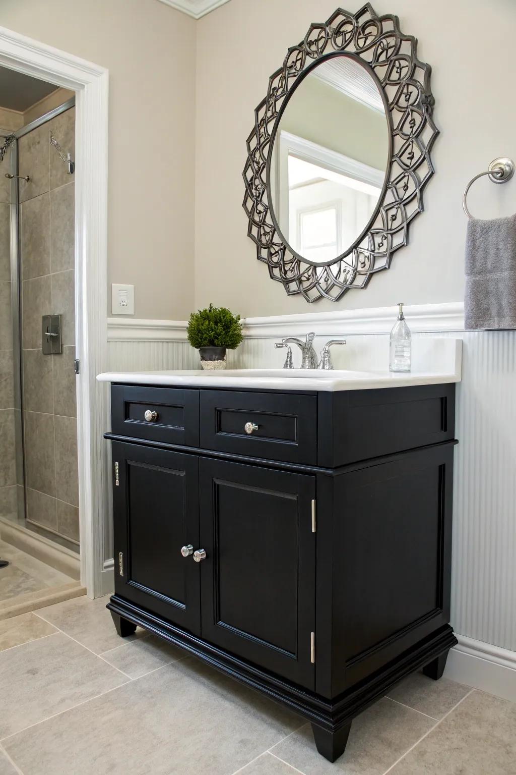 A dark vanity produces a striking, timeless effect.