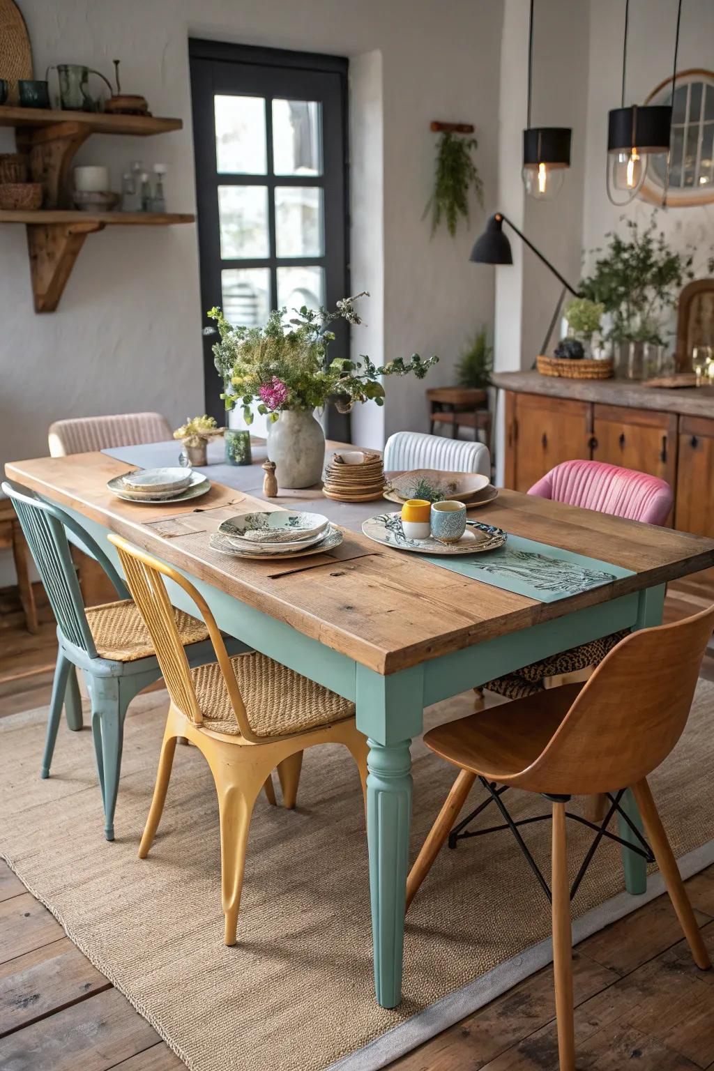 Diverse materials contribute to an eclectic ambiance on your dining table.