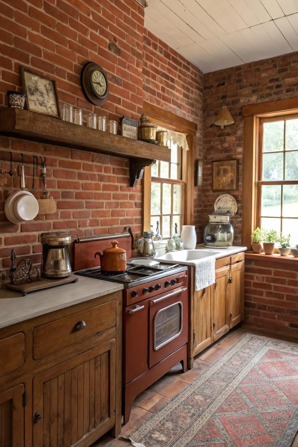 An inviting kitchen blending rustic red brick walls with vintage elegance.