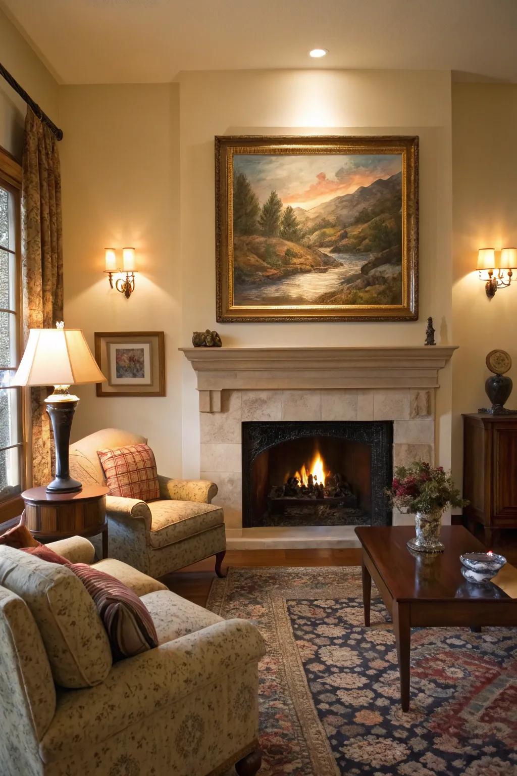 A living area displaying a large centerpiece painting above the hearth.