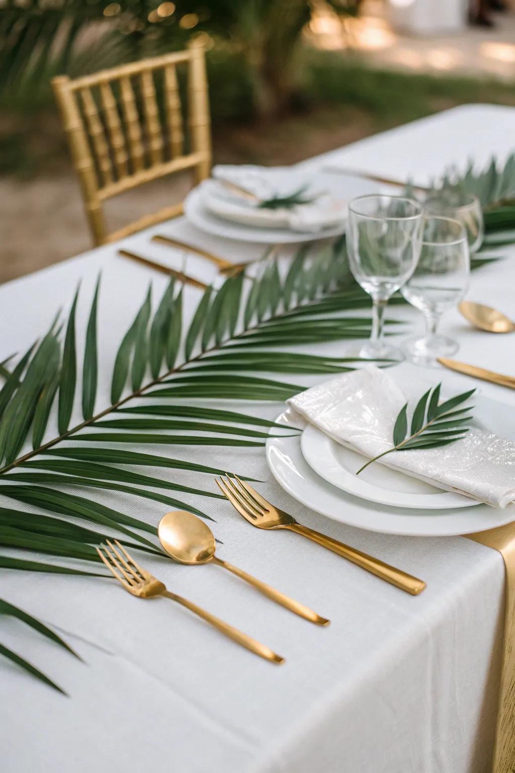 Golden elements harmonize beautifully with verdant palm fronds for a luxe effect.