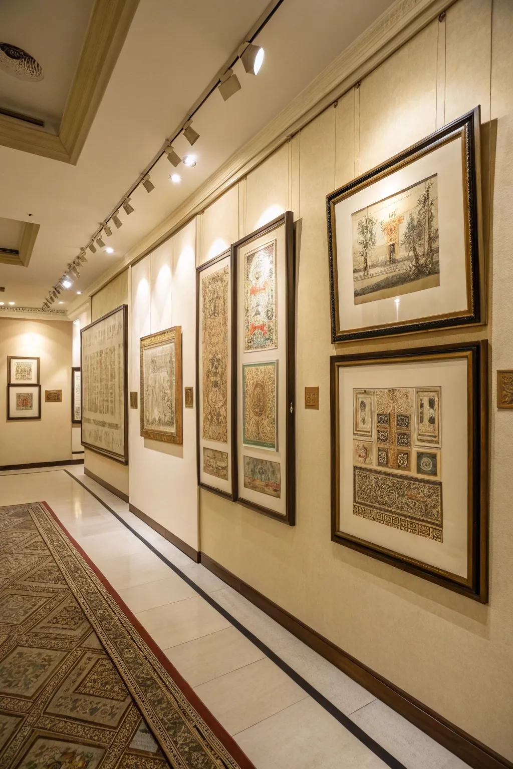Corner gallery arrangement with assorted papyrus pieces for a cultural highlight.