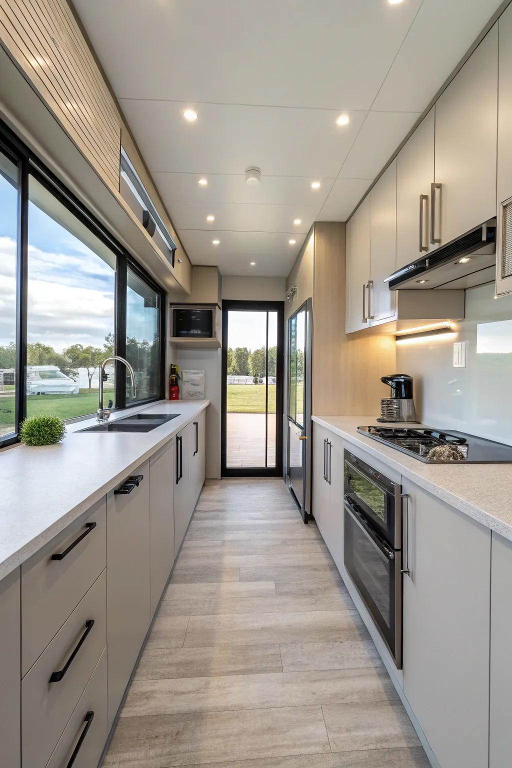 Contemporary details provide a neat and fashionable look to compact areas.