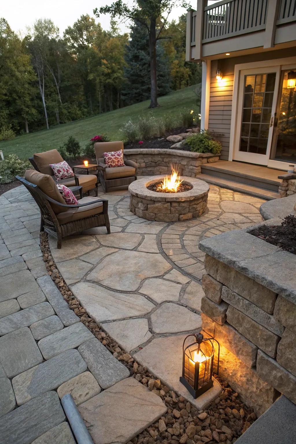 An integrated firepit provides a streamlined and consistent patio blueprint.