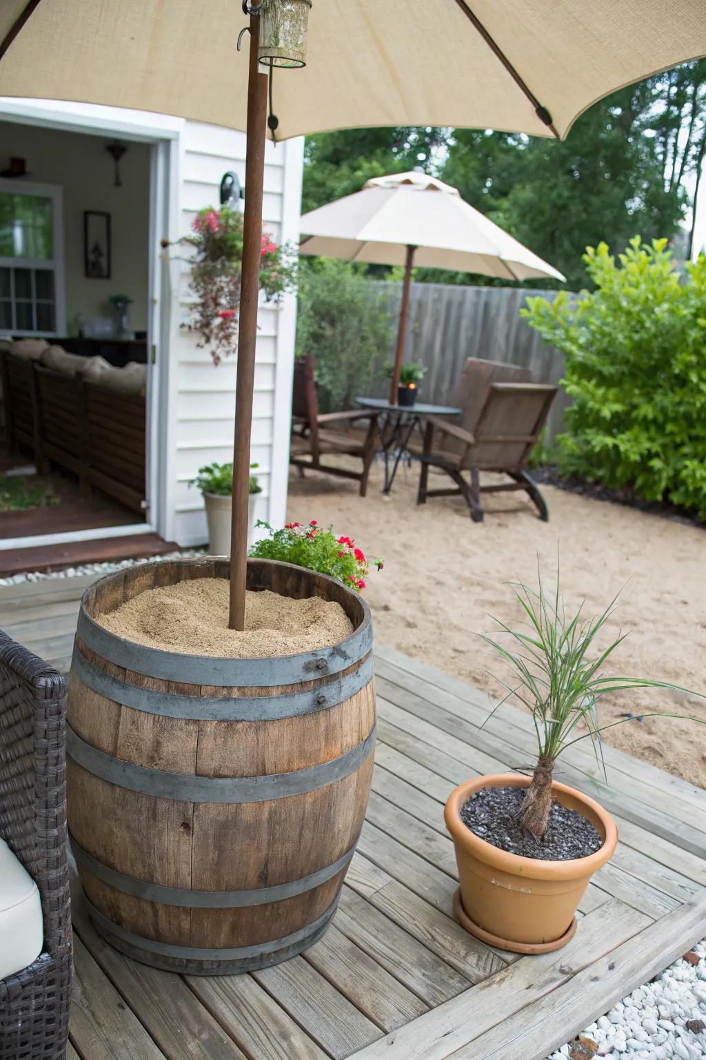An imaginative DIY platform crafted from a cask for storing umbrellas.