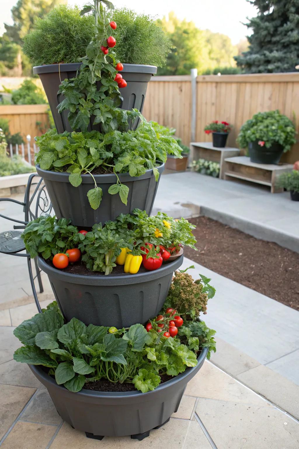 A staggered planter arrangement introduces vertical interest to the patio.