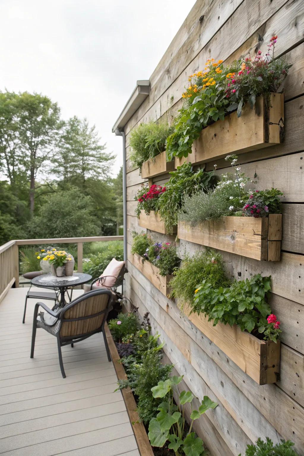 A timber background featuring integrated planting containers for added greenery.
