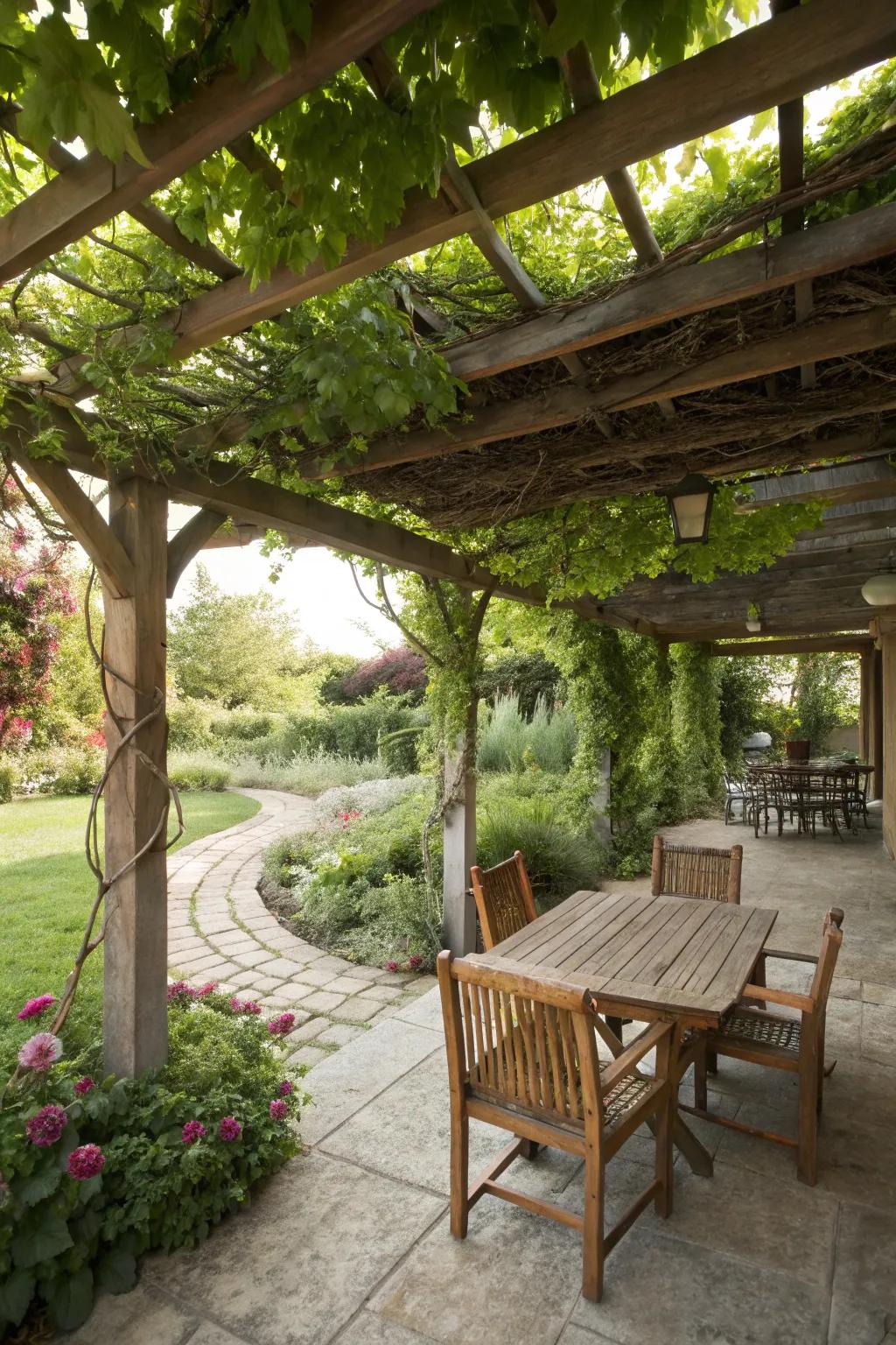 A garden structure enhances the patio with shade and sophistication.