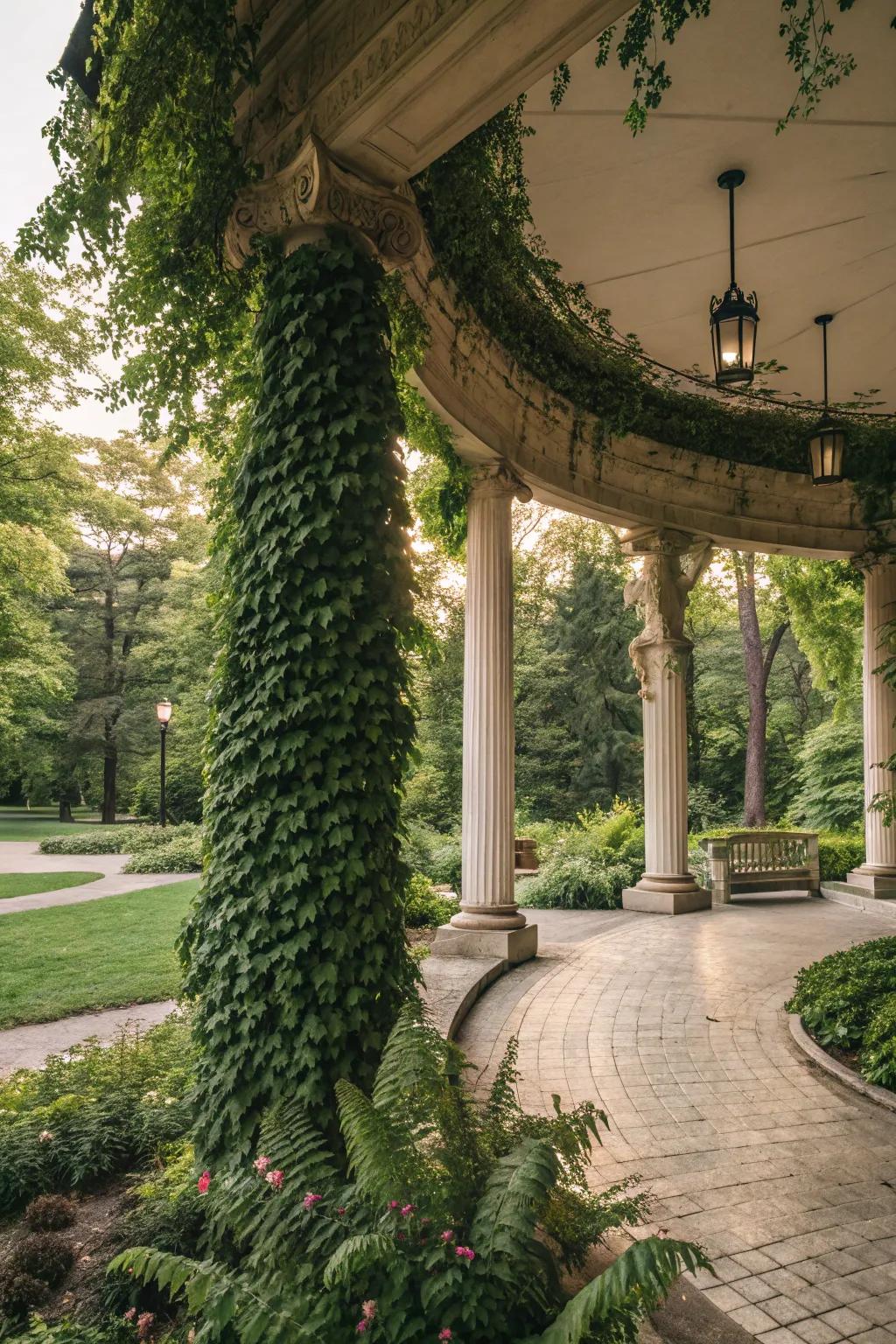 Foliage and tendrils inject an abundant, natural sensation to the pavilion ornamentation.