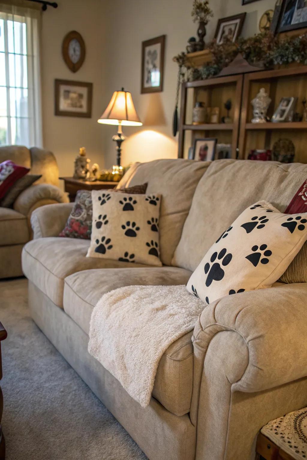 Paw print pillows bringing coziness to a living room.