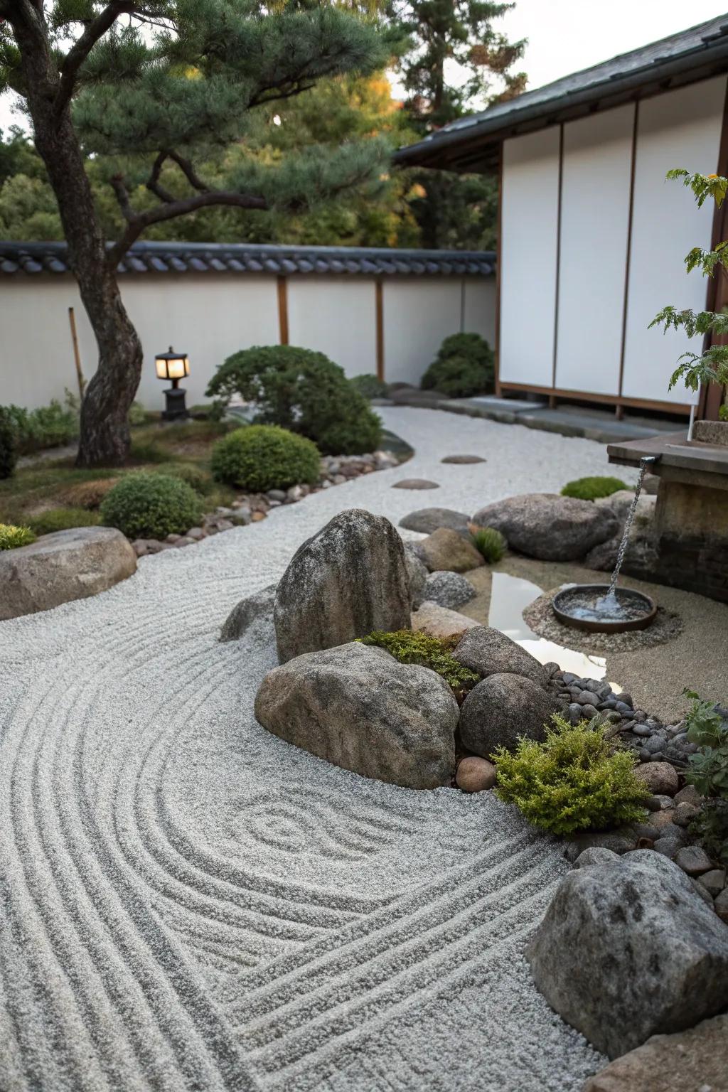 Discover serenity in a pea gravel Zen garden.