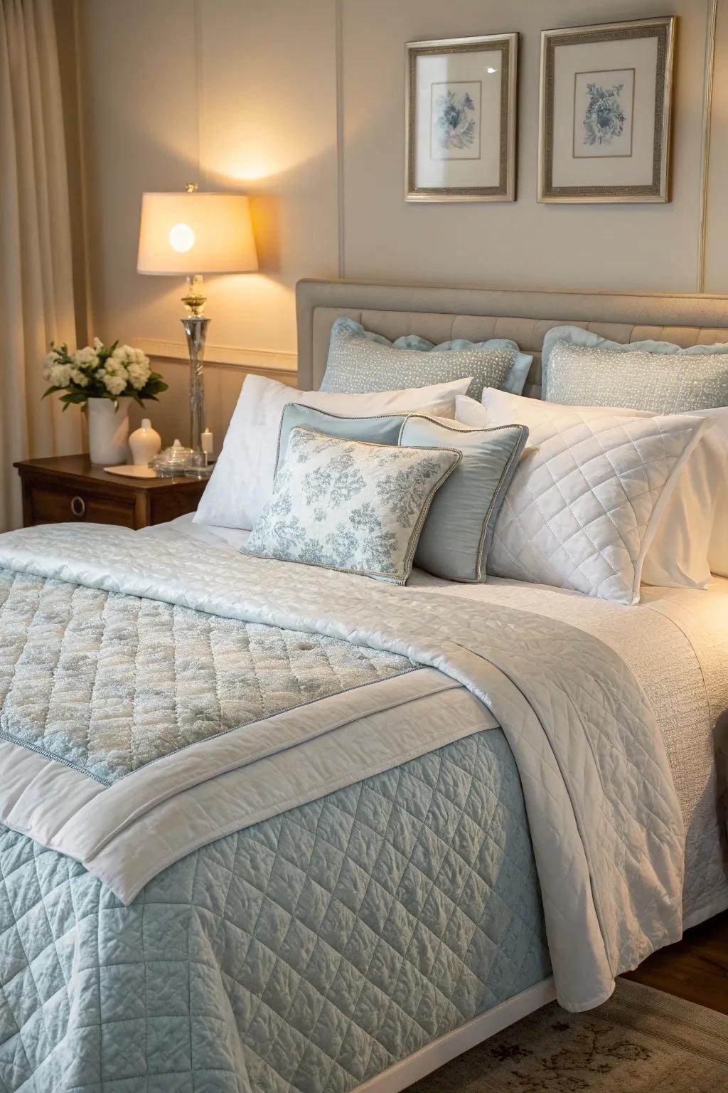 A comfortable bed is adorned with delicate materials and layered cushions for added comfort.