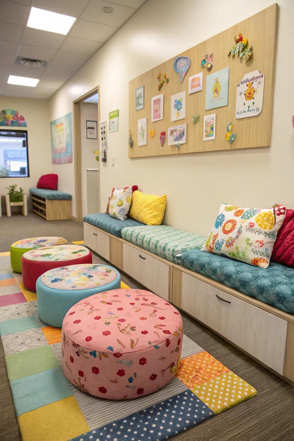 Comfortable seating featuring plush benches and vibrant cushions appropriate for all ages.