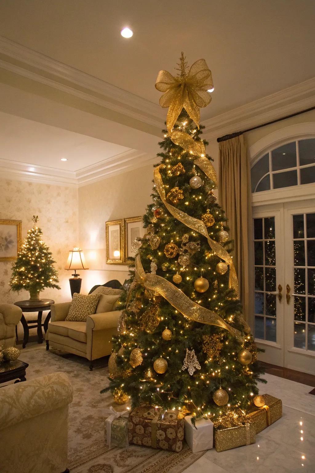 Glamorous and golden slender tree radiating holiday warmth.