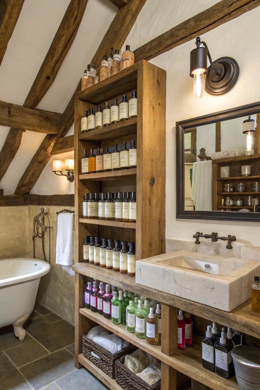 Homespun wood ledges contribute a warm, inviting feel to your fragrance gathering.