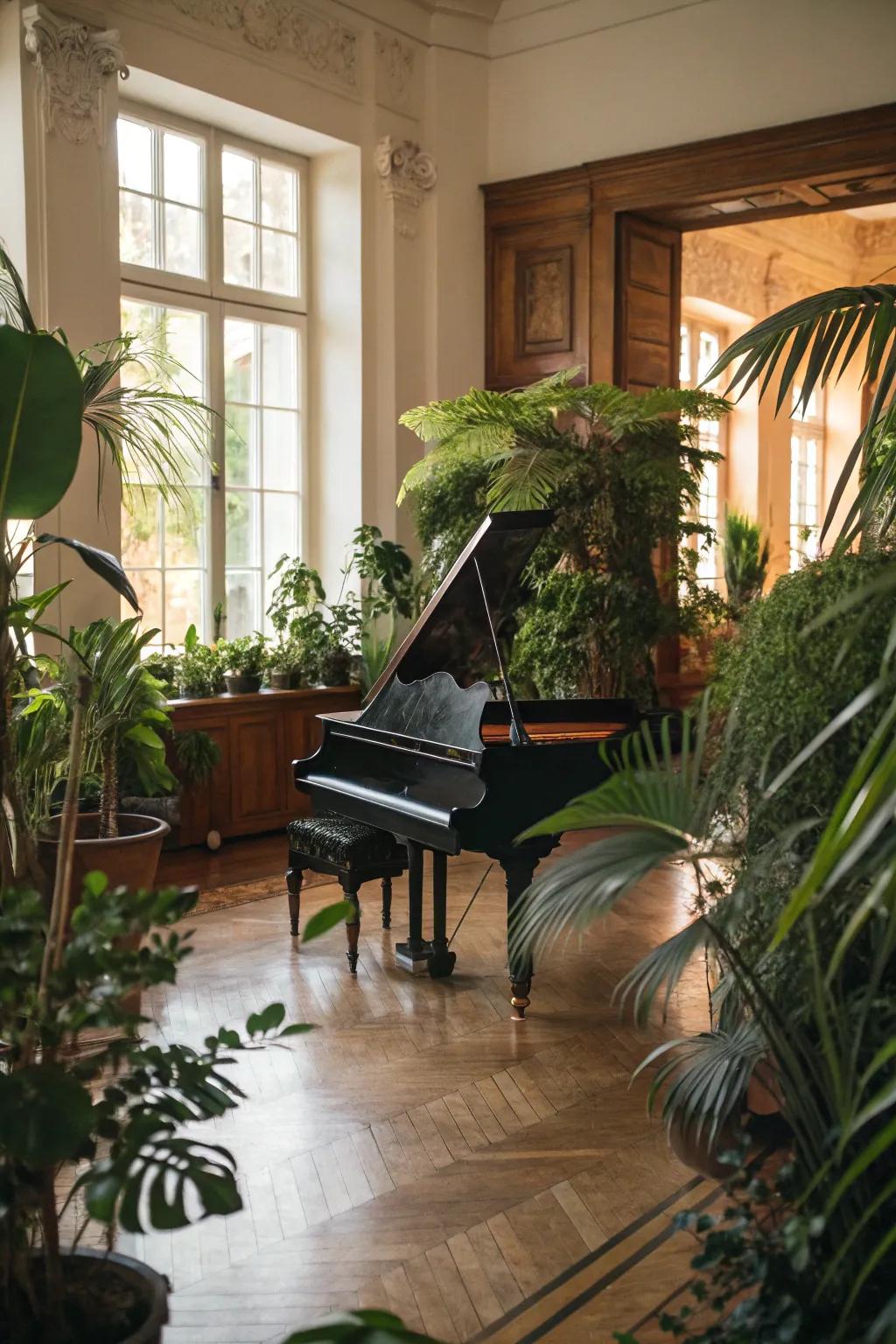 Plants add vibrancy and a natural sensation to the piano room.