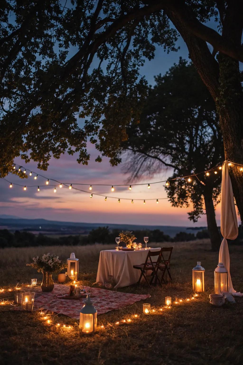 Tapers and glittering lights fashion a bewitching nighttime picnic setting.