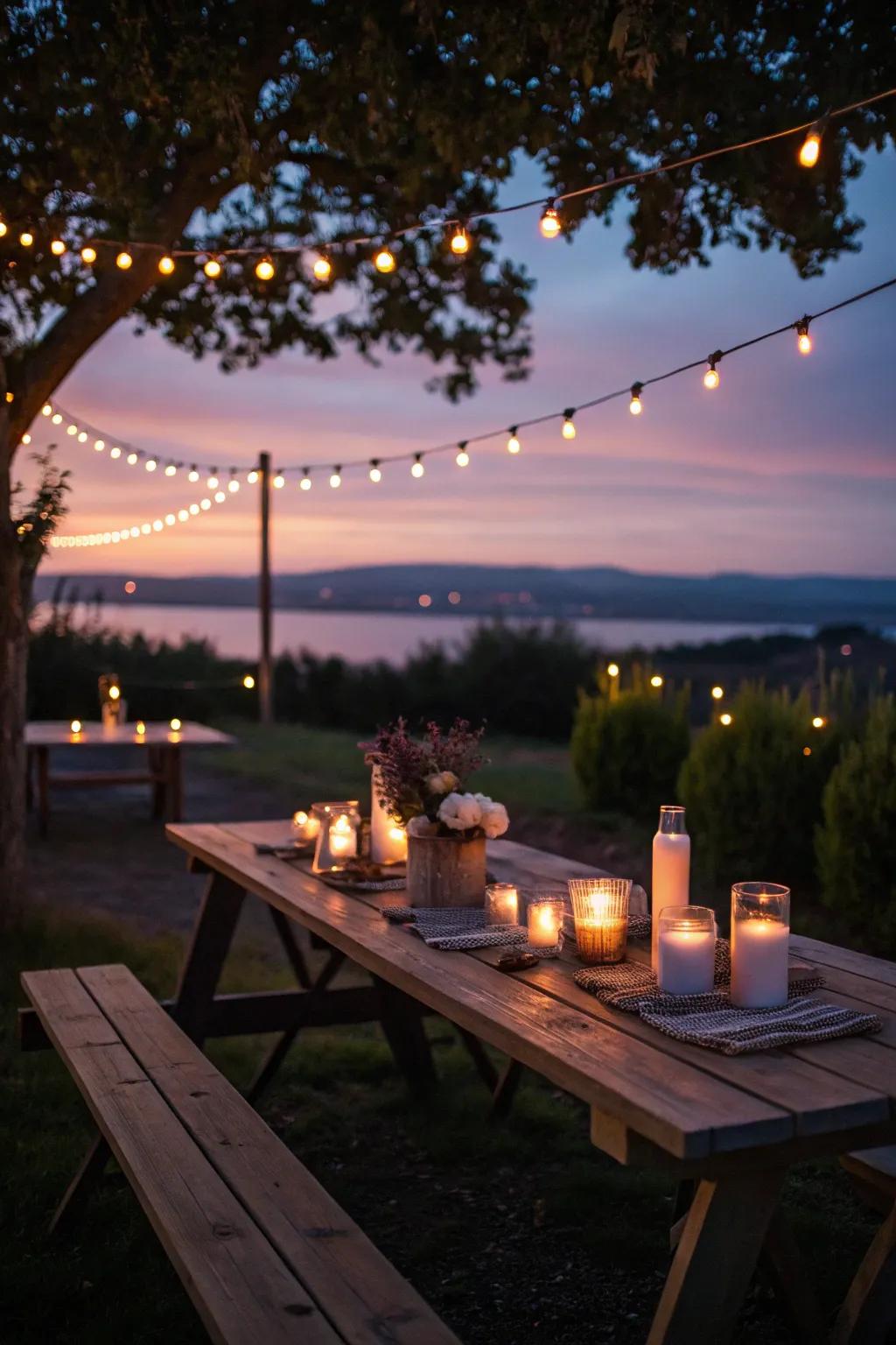 Candles and twinkling lights craft a warm and welcoming mood for outdoor picnics during the evening.