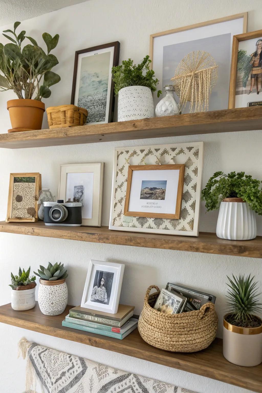 Arrange items by theme for a unified and fashionable shelf.