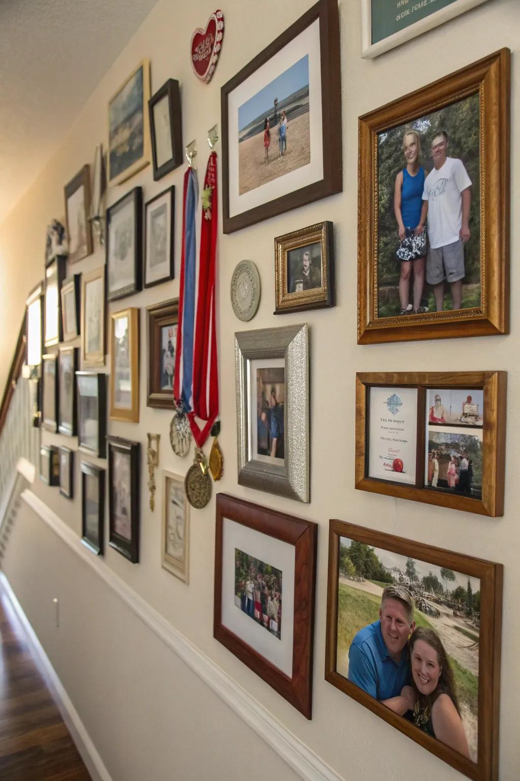 Picture wall featuring individual and family items.